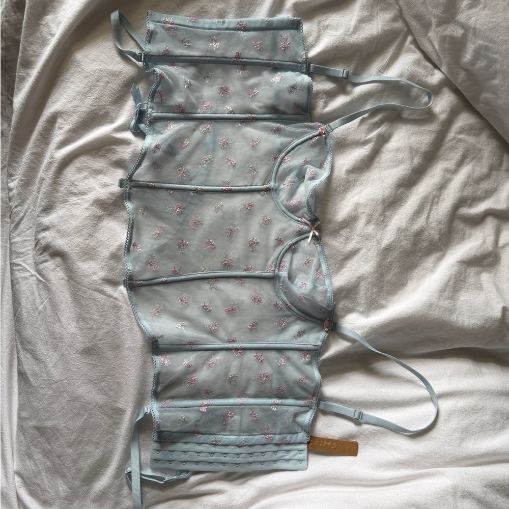 SKIMS Spring intimates Sheer Embroidered Corset Top in Light Blue pink florals - Picture 8 of 9